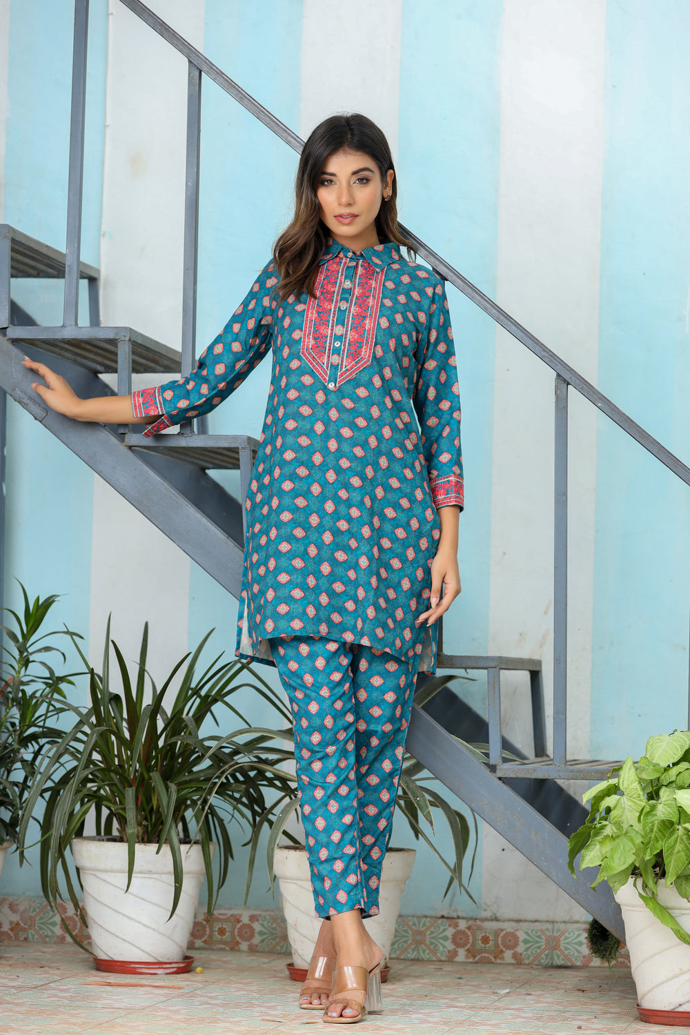 Turquoise Embroidery Detailing Co-ord Set