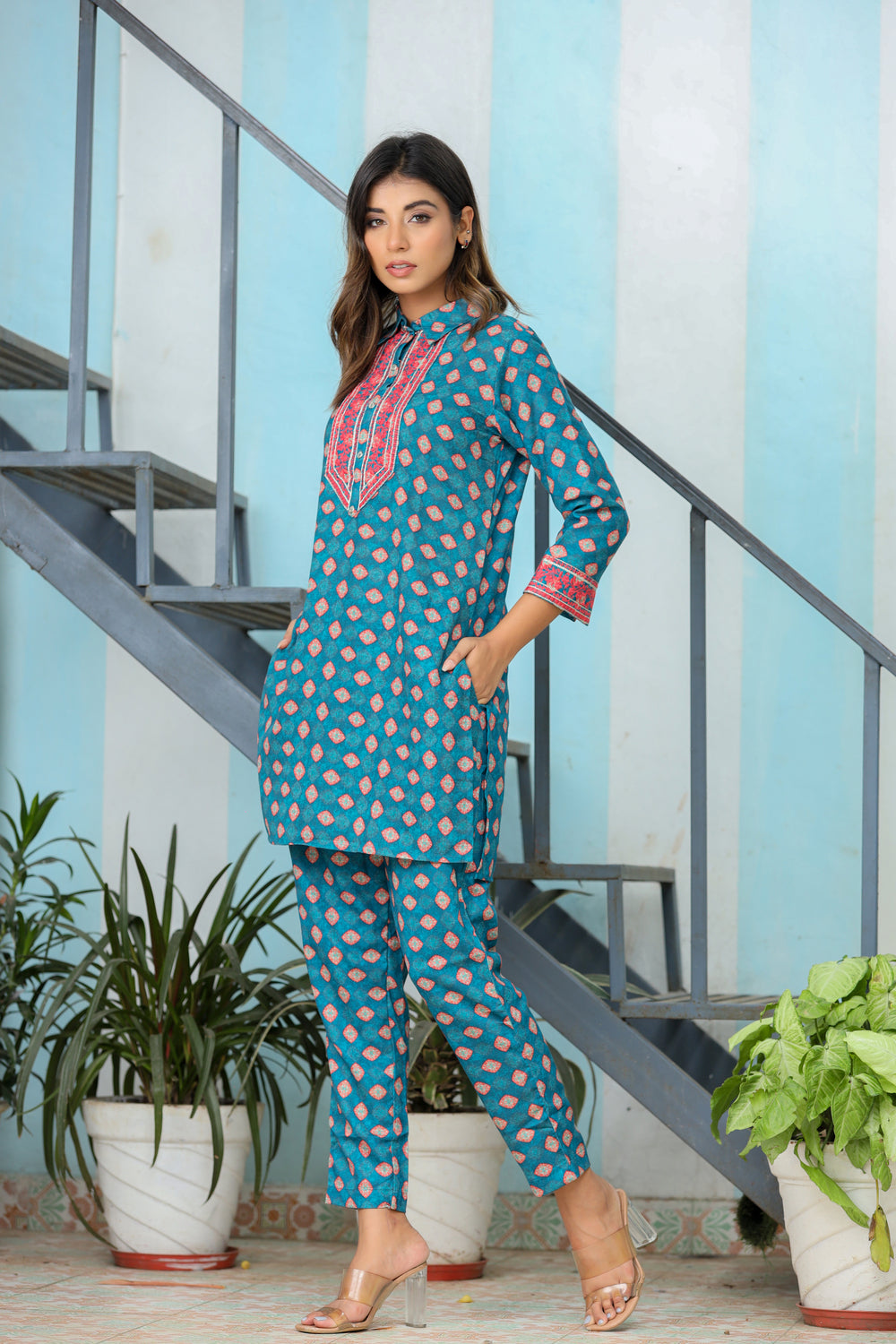 Turquoise Embroidery Detailing Co-ord Set