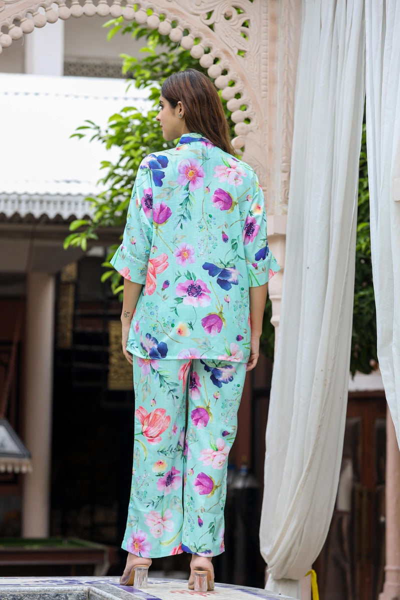 Pista Green Printed Kaftan Sleeve Co-ord