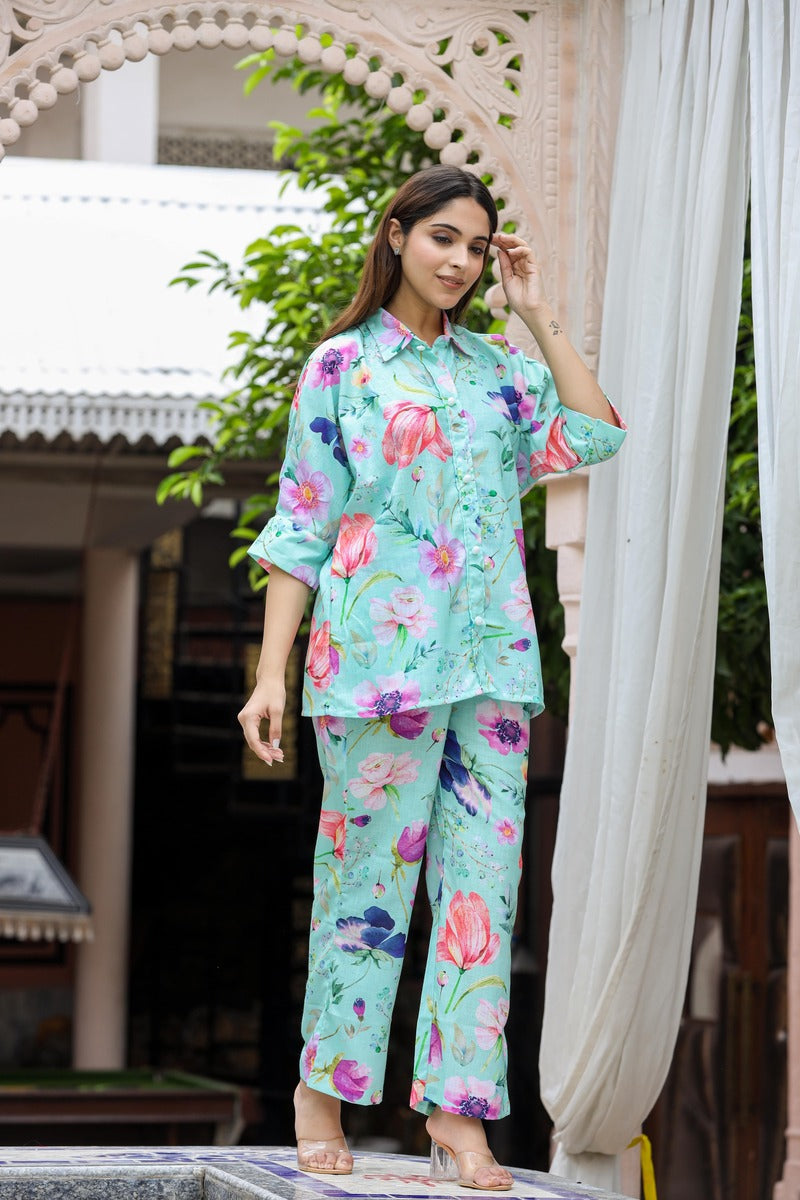 Pista Green Printed Kaftan Sleeve Co-ord