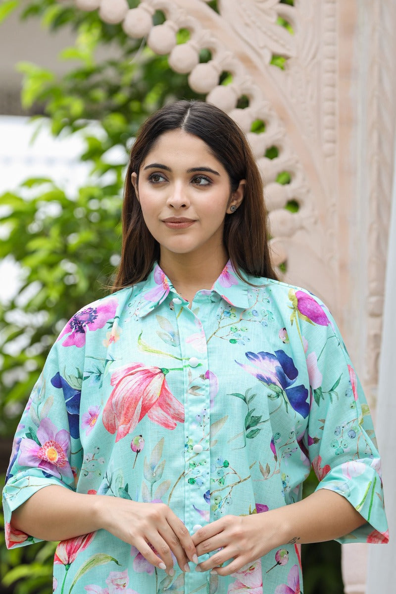 Pista Green Printed Kaftan Sleeve Co-ord