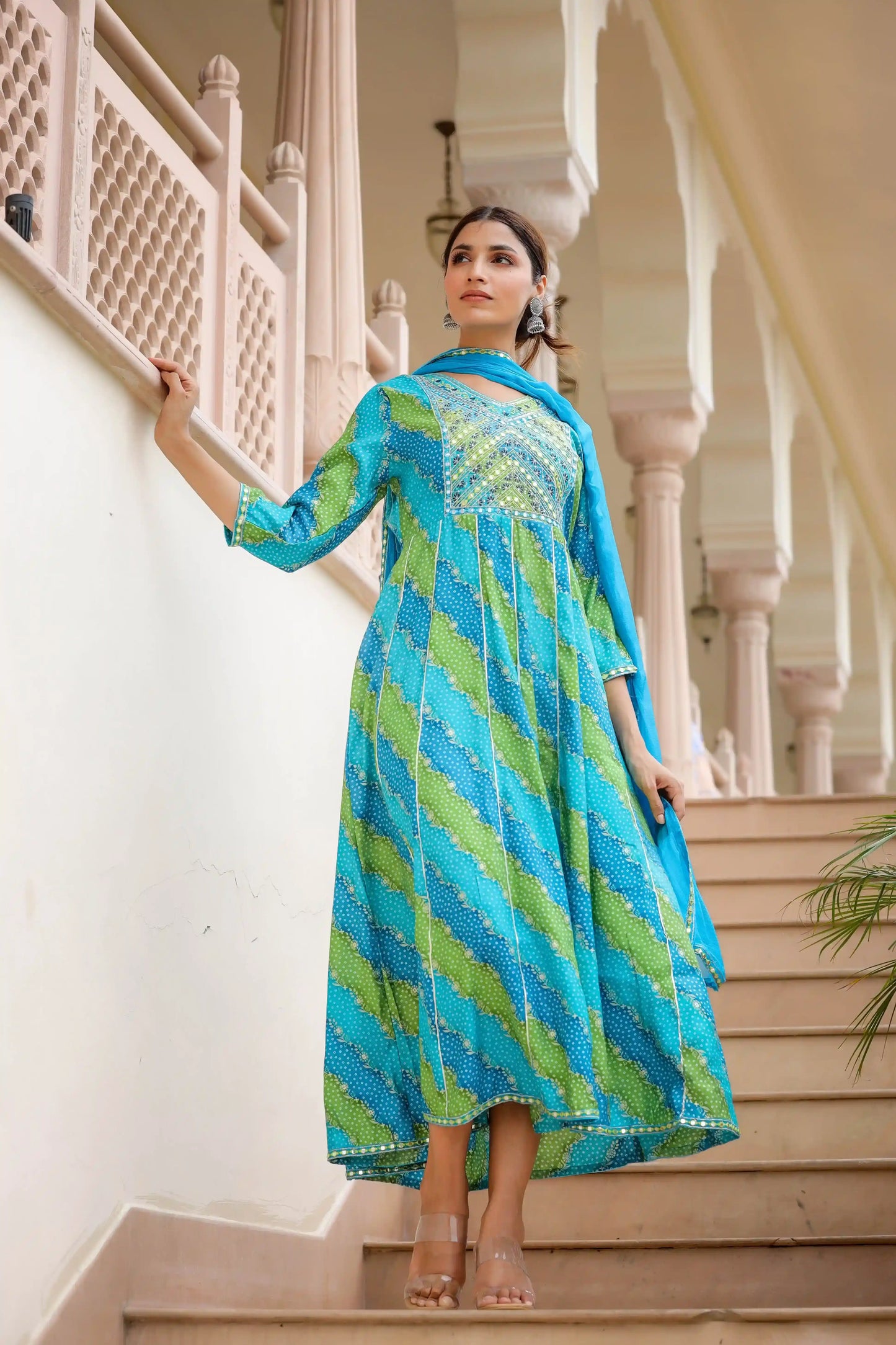 Blue Green Leheriya Anarkali Dress