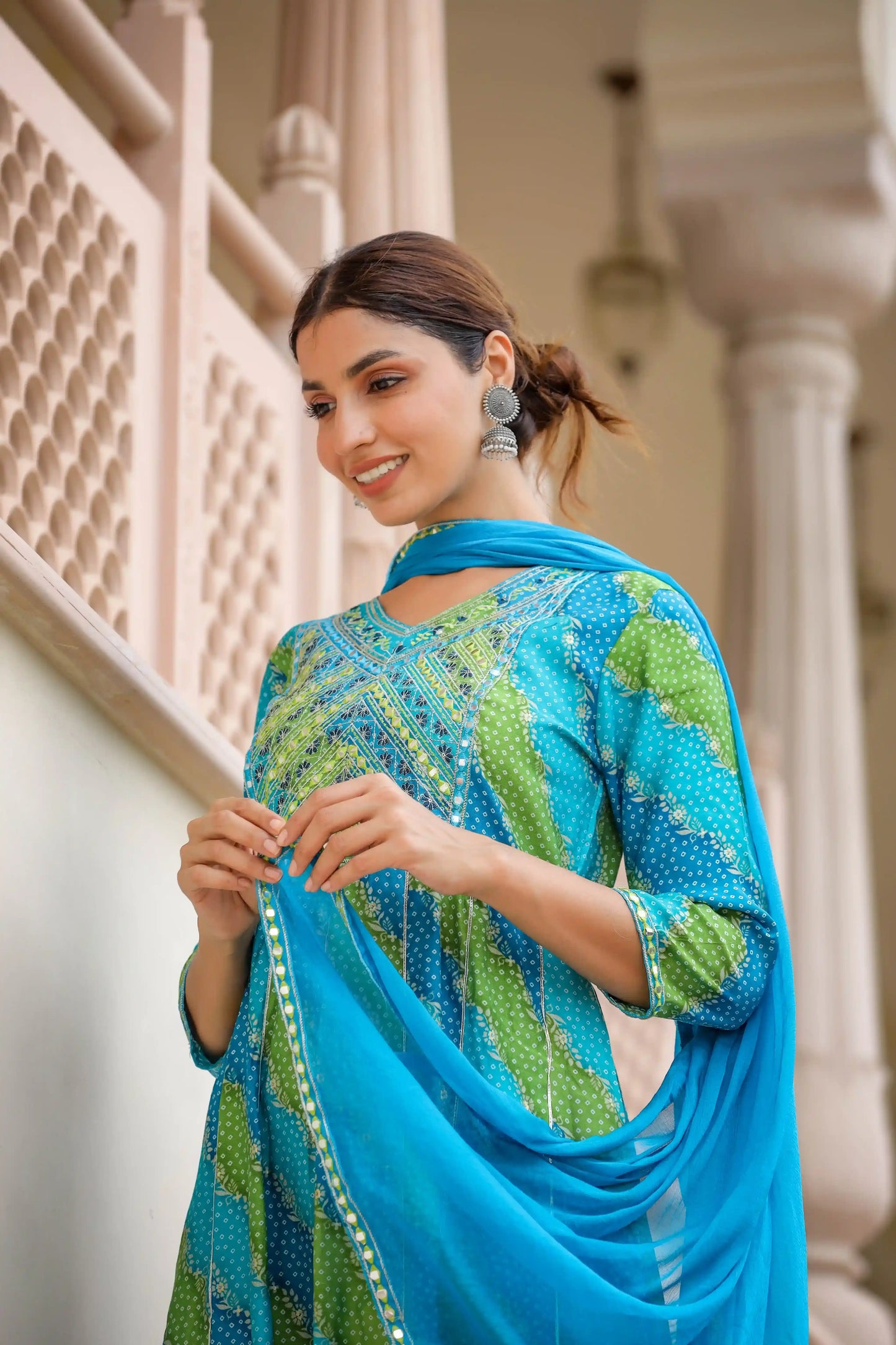Blue Green Leheriya Anarkali Dress