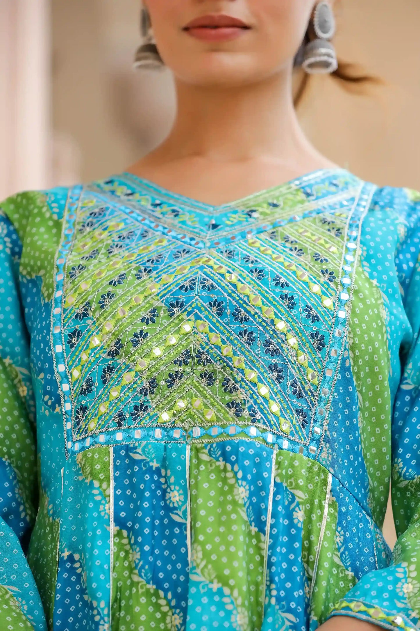 Blue Green Leheriya Anarkali Dress