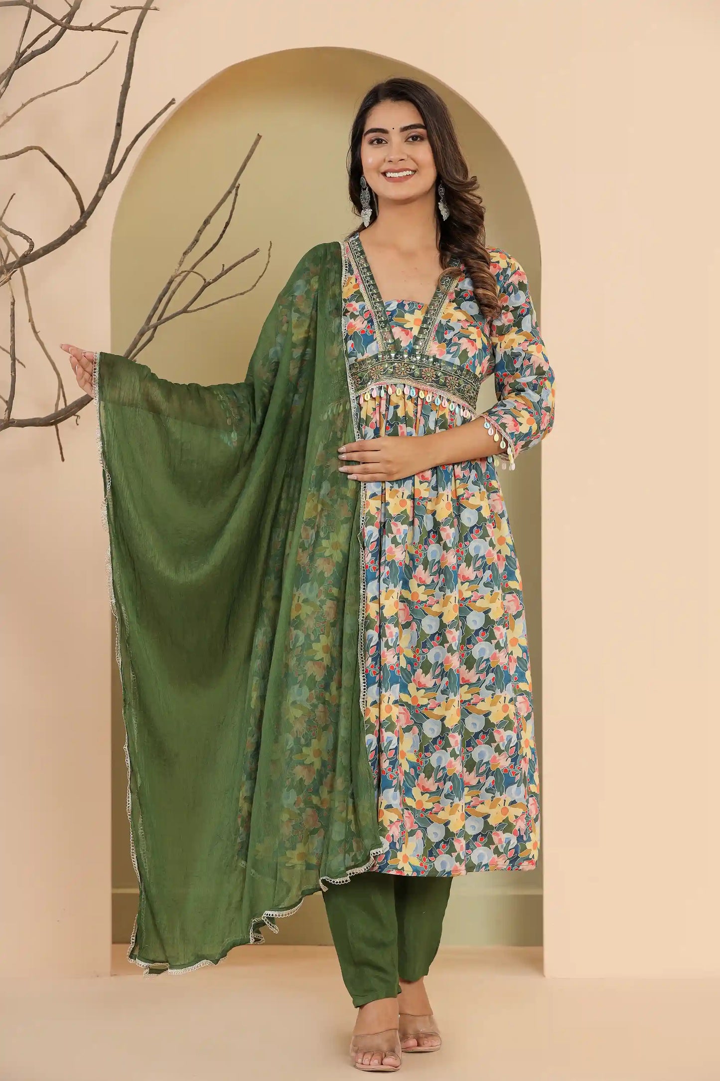 Pine Green Cowri A-Line Suit