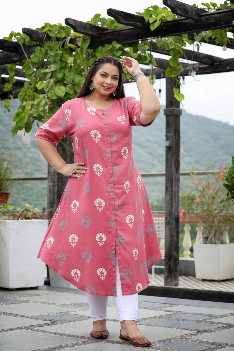 Hibiscus Block Print Plus Size Cotton Kurti