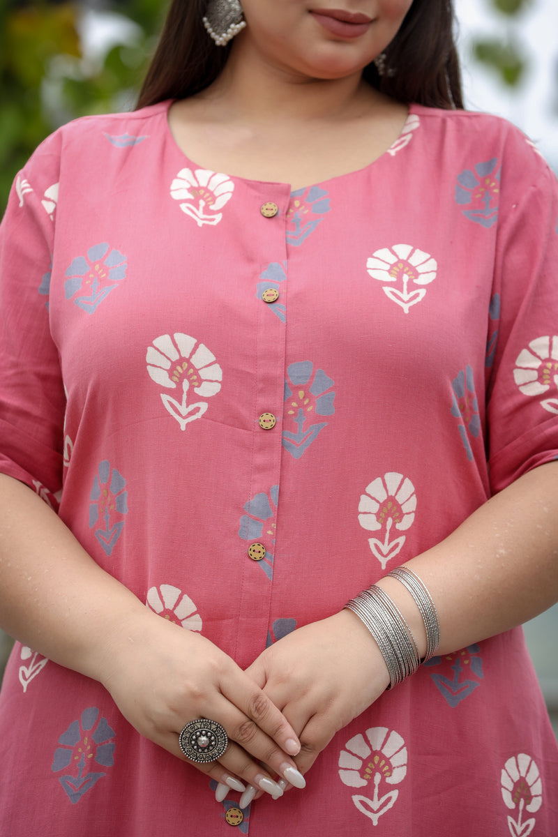 Hibiscus Block Print Plus Size Cotton Kurti