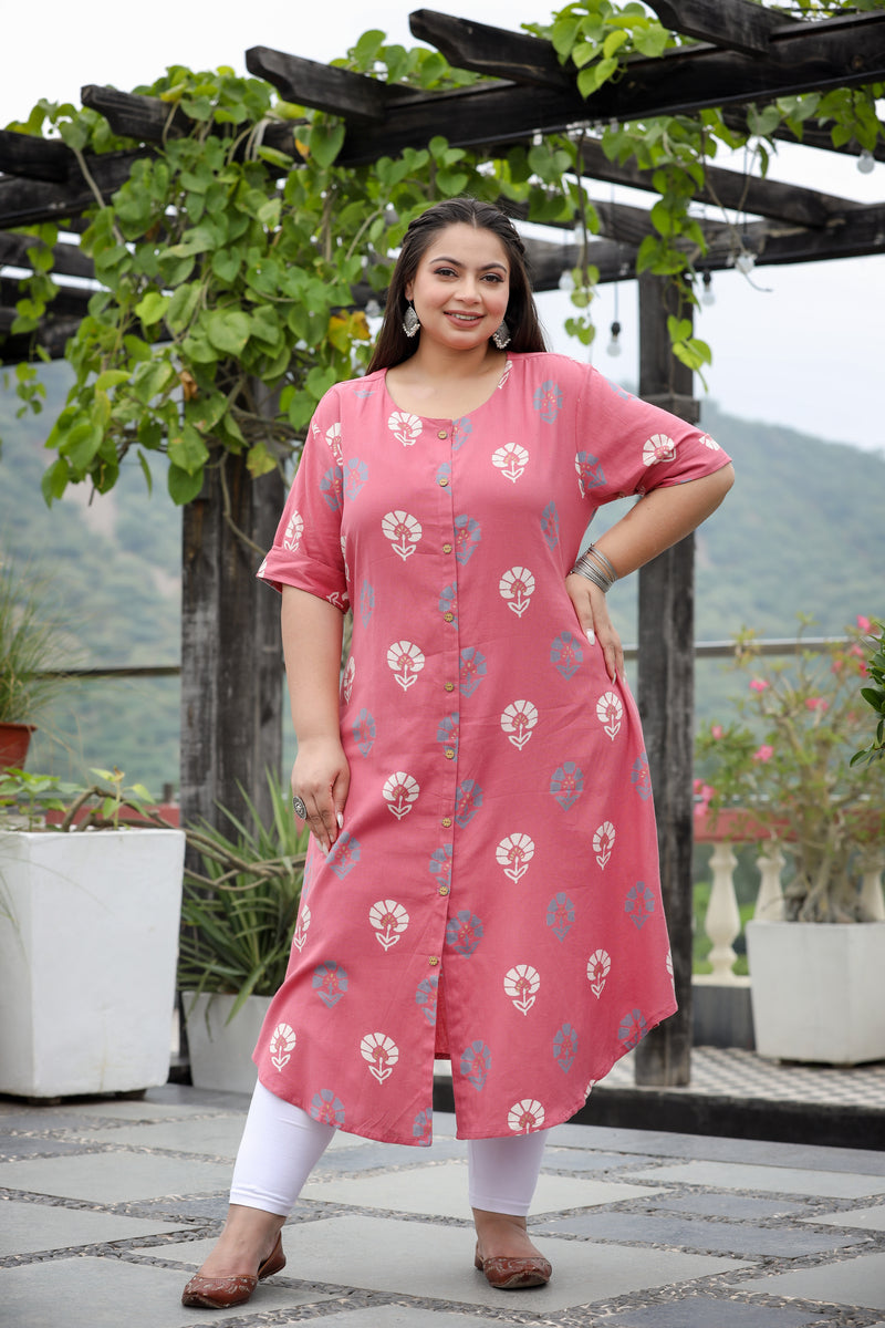 Hibiscus Block Print Plus Size Cotton Kurti