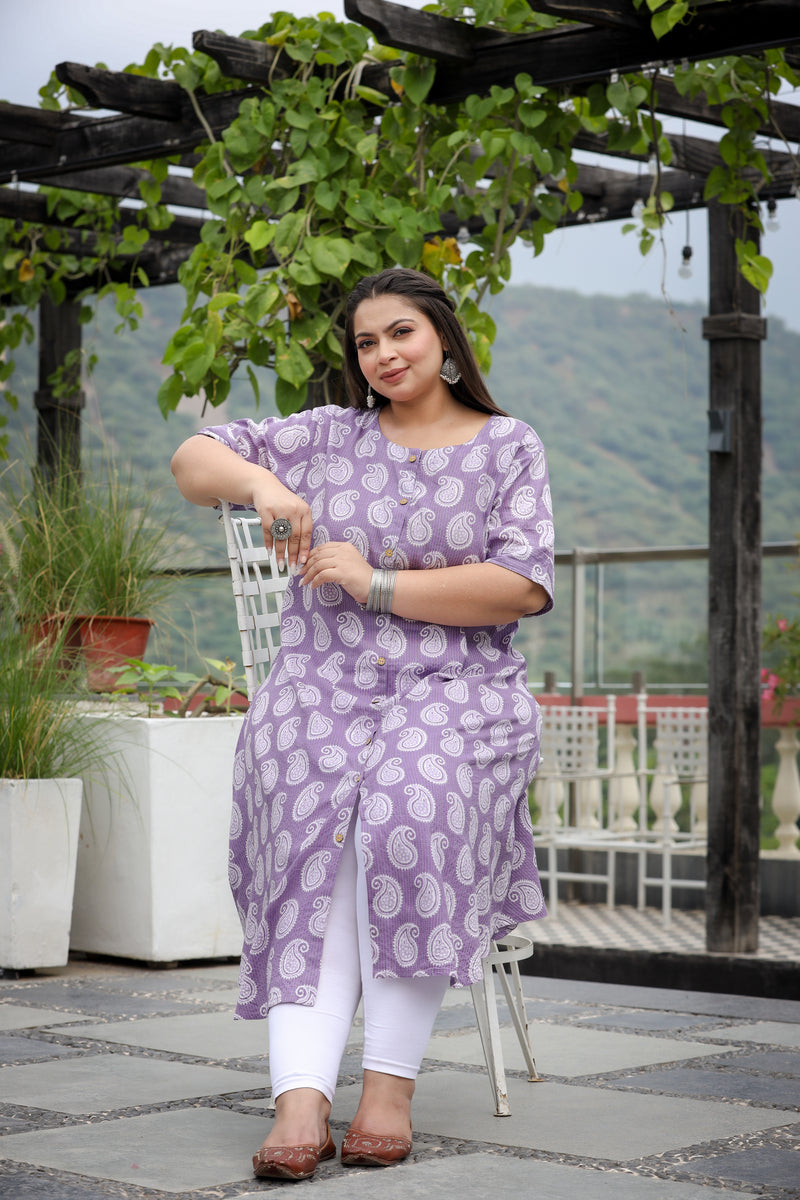 Purple Cairi Buta Print Plus Size Cotton Kurti