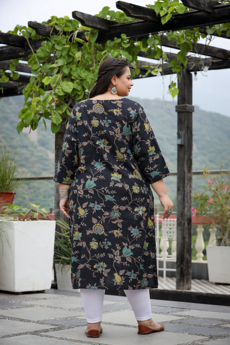 Black Floral Straight Plus Size Cotton Kurti