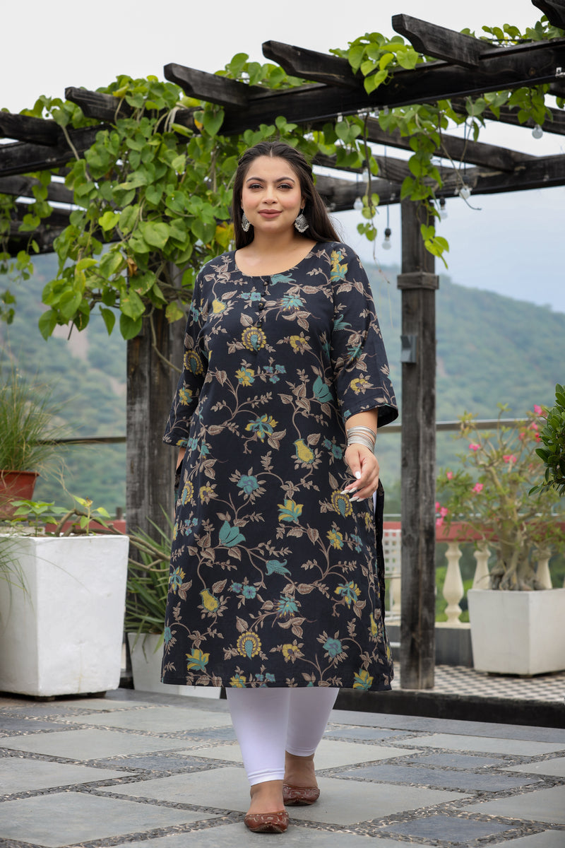 Black Floral Straight Plus Size Cotton Kurti