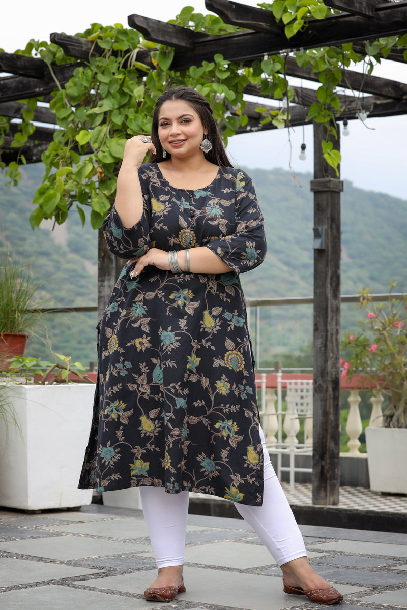 Black Floral Straight Plus Size Cotton Kurti