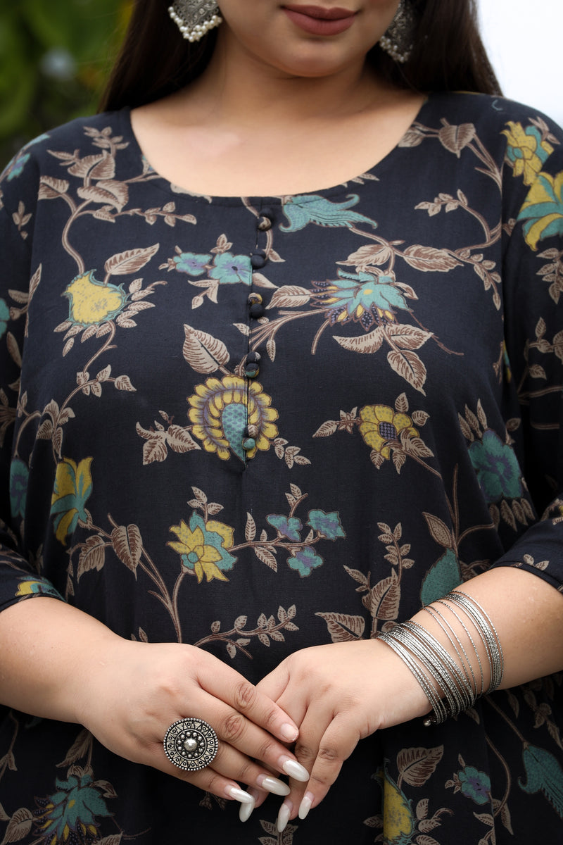 Black Floral Straight Plus Size Cotton Kurti