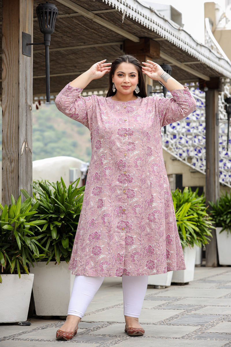 Purple Floral Plus Size Cotton Flex Kurti