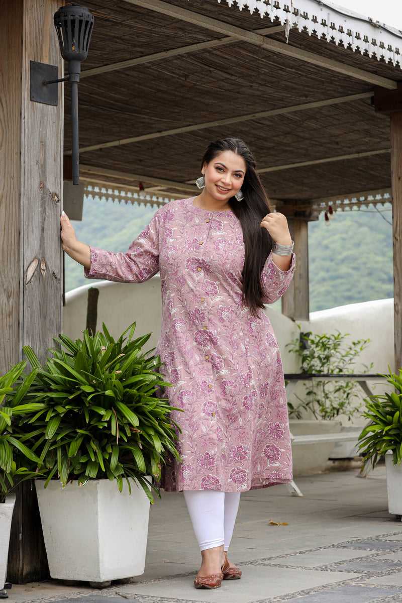 Purple Floral Plus Size Cotton Flex Kurti