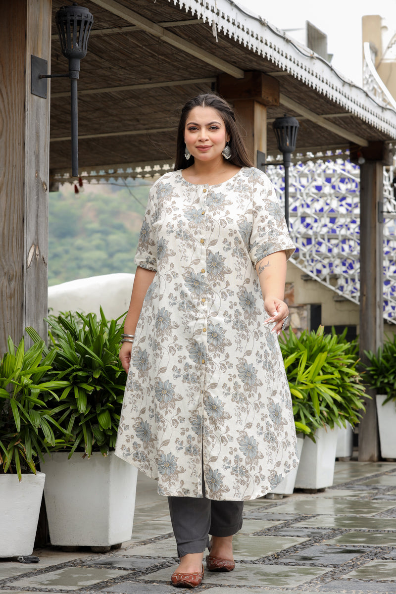 Light Grey Floral Plus Size Cotton Flex Kurti