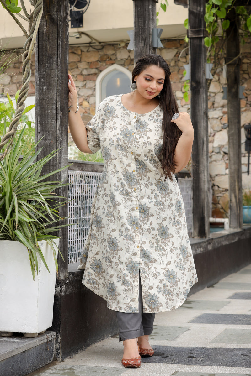 Light Grey Floral Plus Size Cotton Flex Kurti