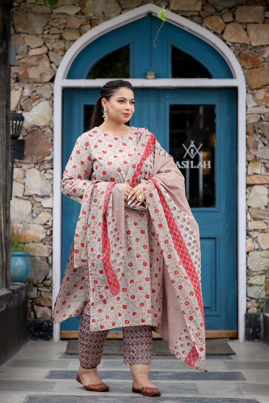 Red Grey Floral Plus Size Suit Set