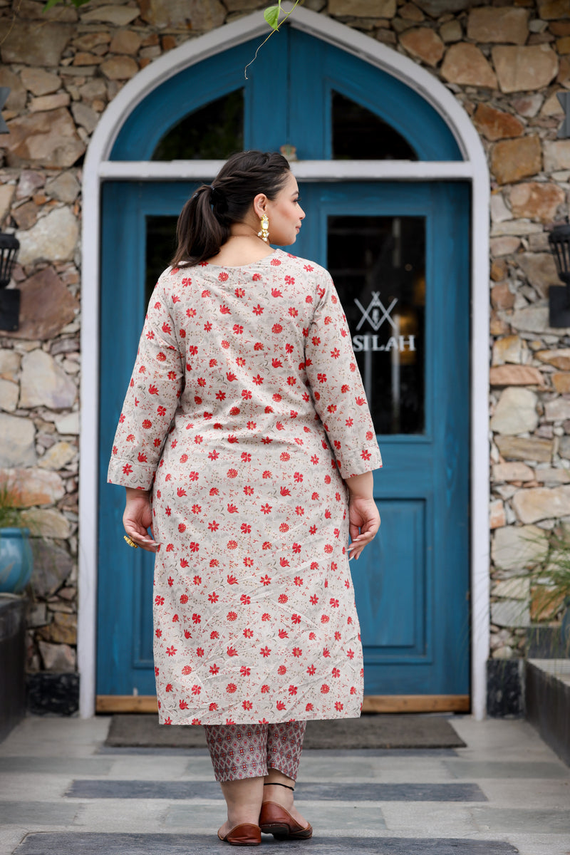 Red Grey Floral Plus Size Suit Set