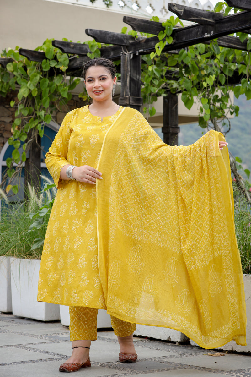 Mustard Buta Plus Size Straight Suit Set