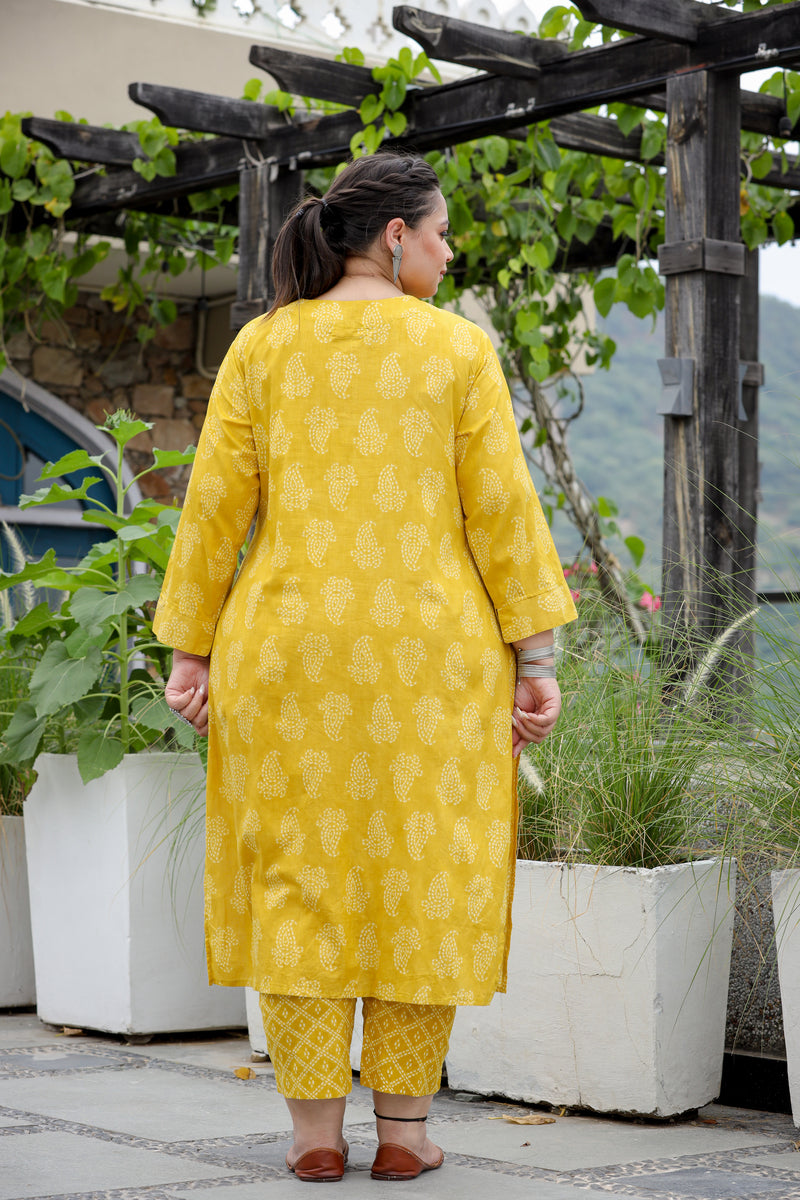 Mustard Buta Plus Size Straight Suit Set