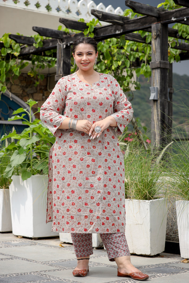 Red Grey Floral Plus Size Suit Set
