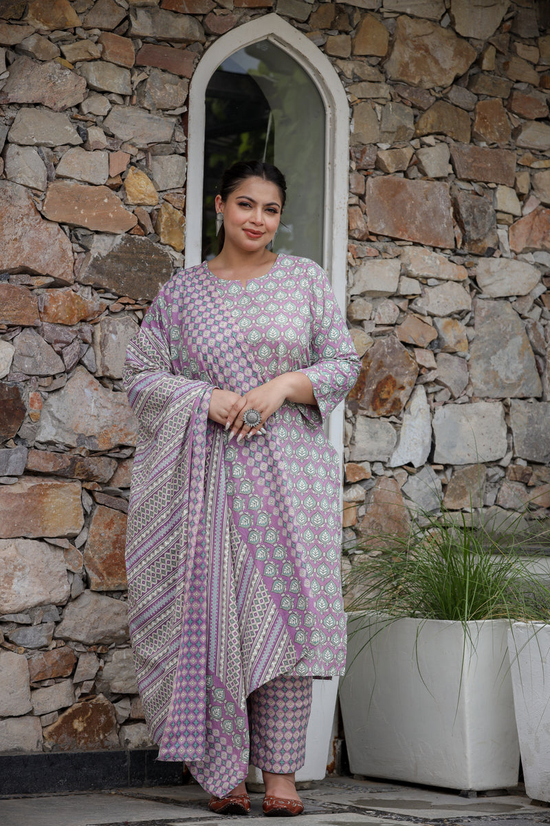 Purple- Green Patti Plus Size Straight Suit Set