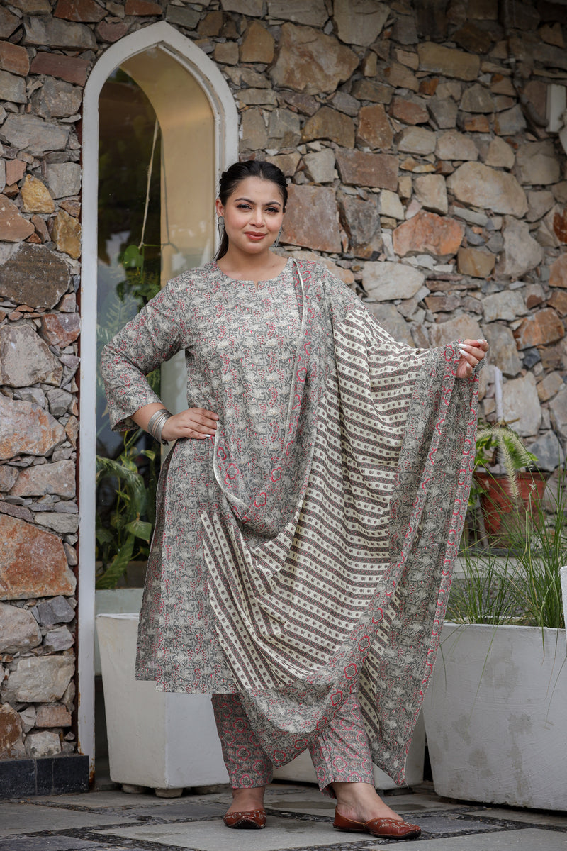 Grey Red Jaal Plus Size Straight Suit Set