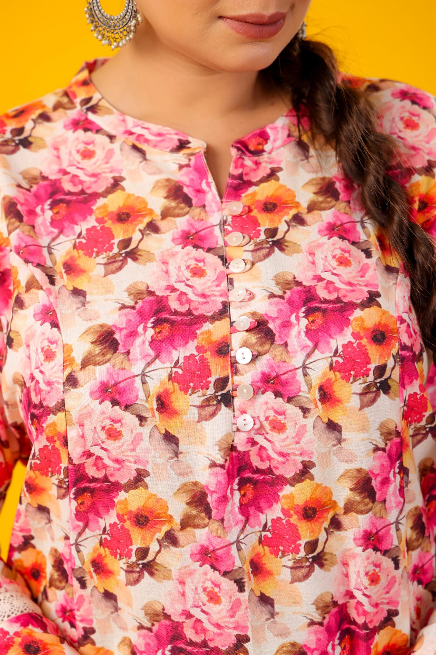 Gulabi Lace Detailing Plus Size Linen Kurti