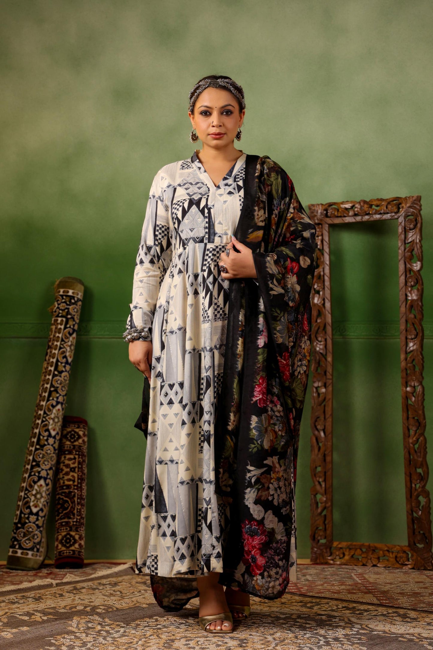 Aarzu Printed Plus Anarkali Dress with Dupatta