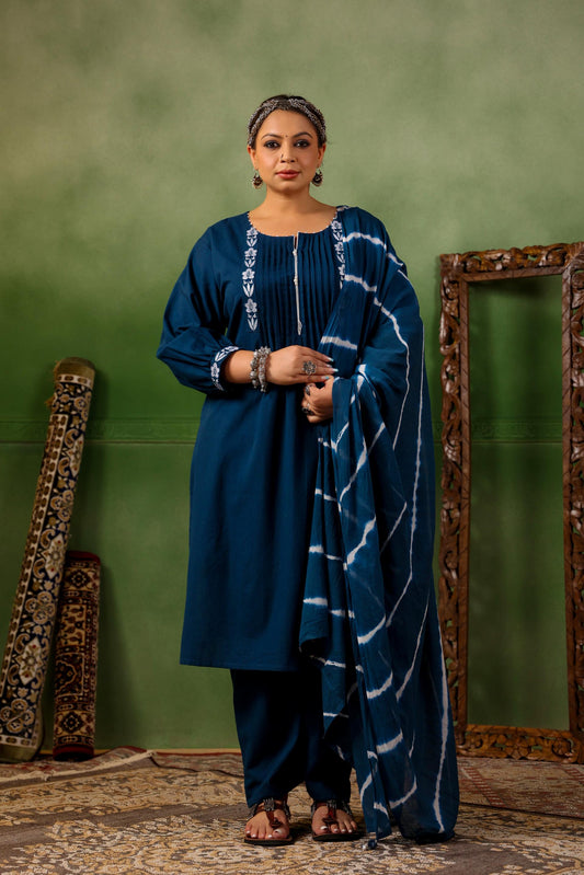 Faiza Blue Pintuck Plus Suit Set