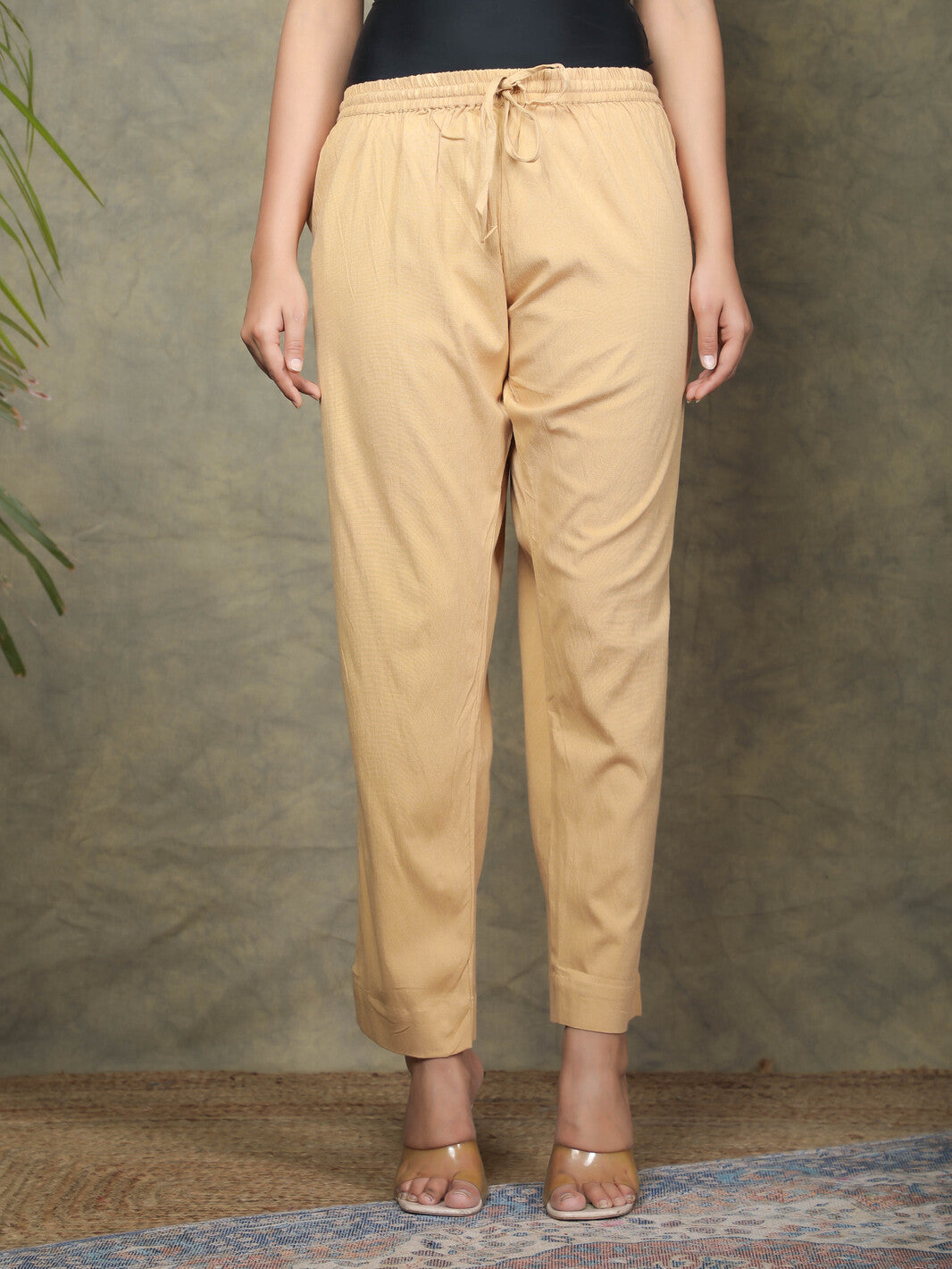 Beige Cotton Spandex Lycra Women Pants – Stilento