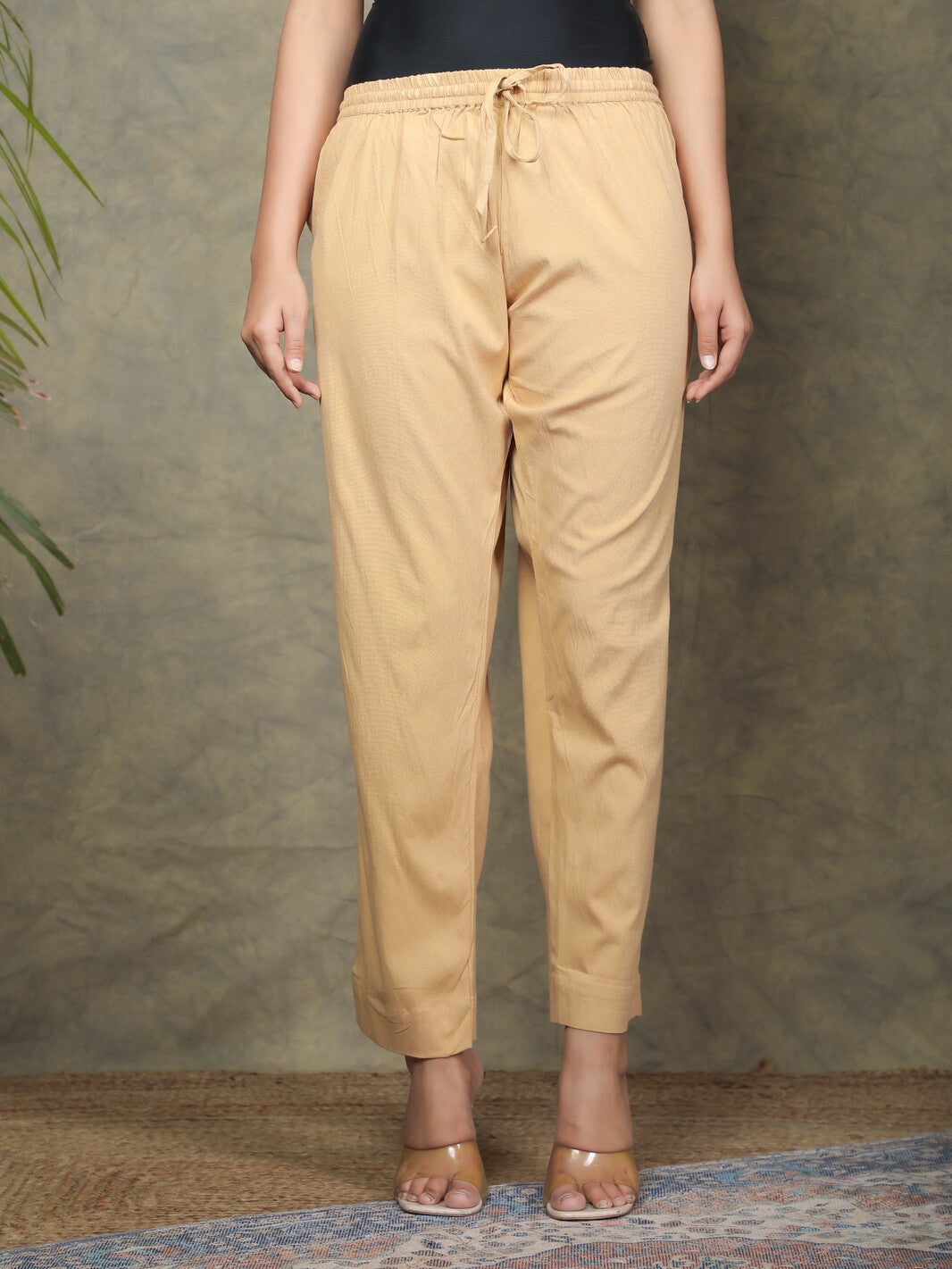 2-way stretch Beige Cotton Lycra Pants