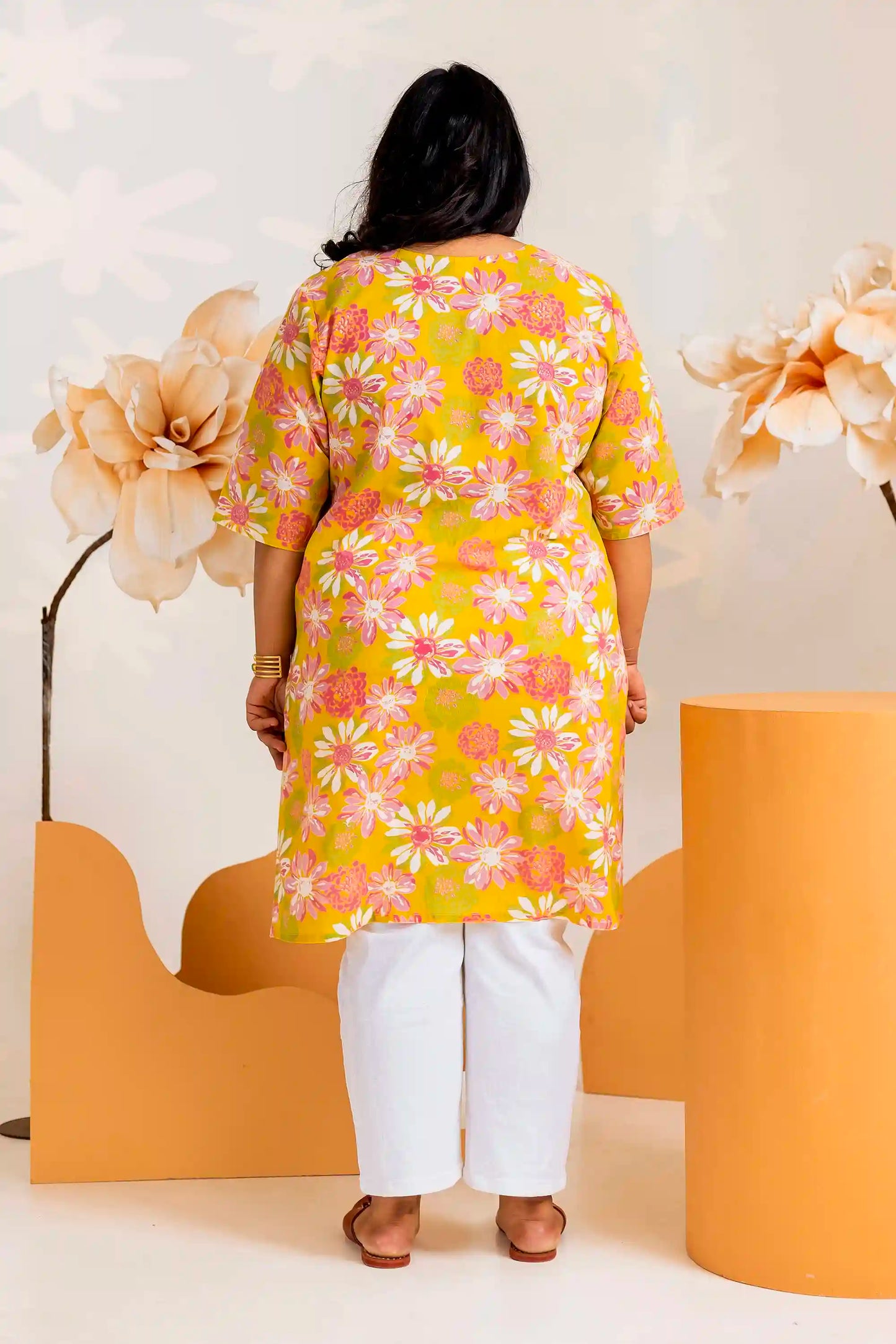 Yellow Katha Printed Plus Short Kurti