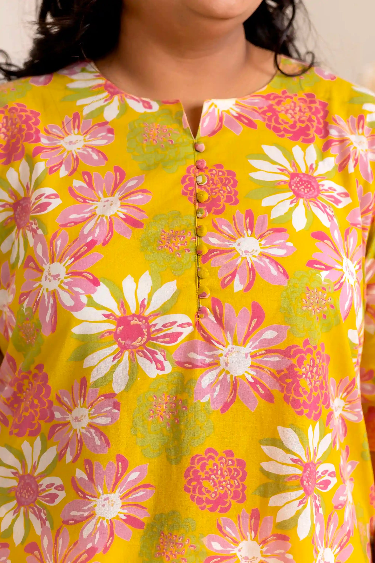 Yellow Katha Printed Plus Short Kurti