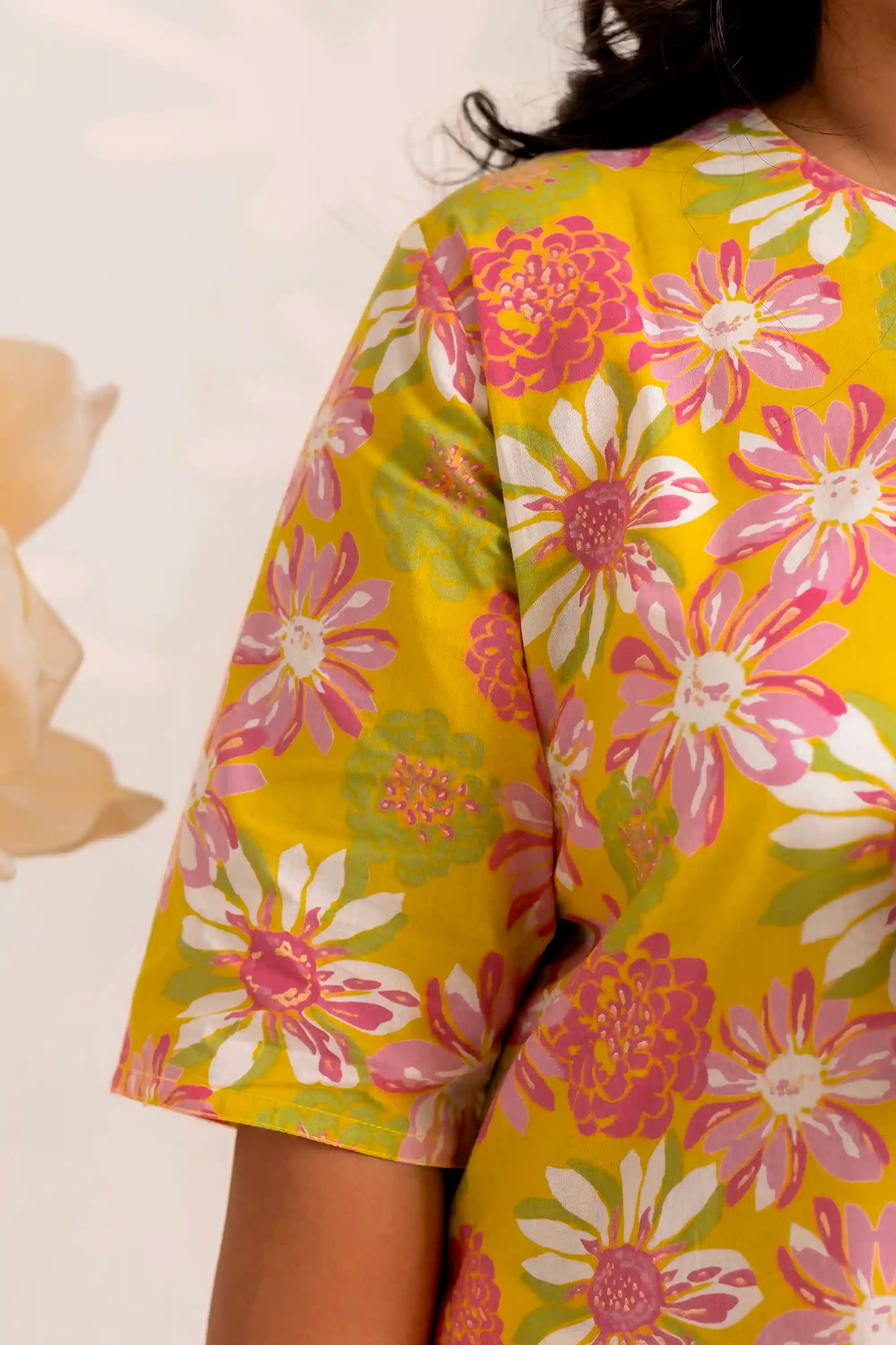 Yellow Katha Printed Plus Short Kurti