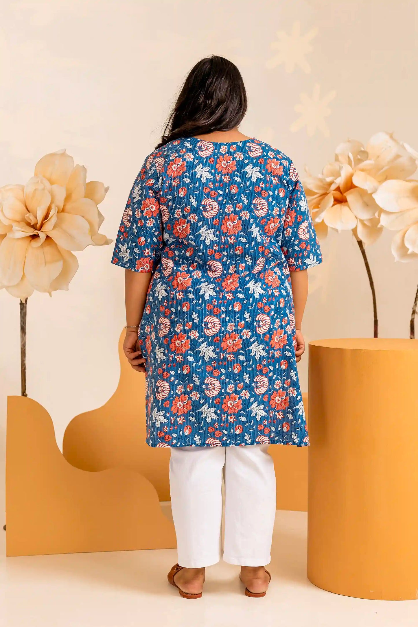 Blue Katha Printed Plus Short Kurti