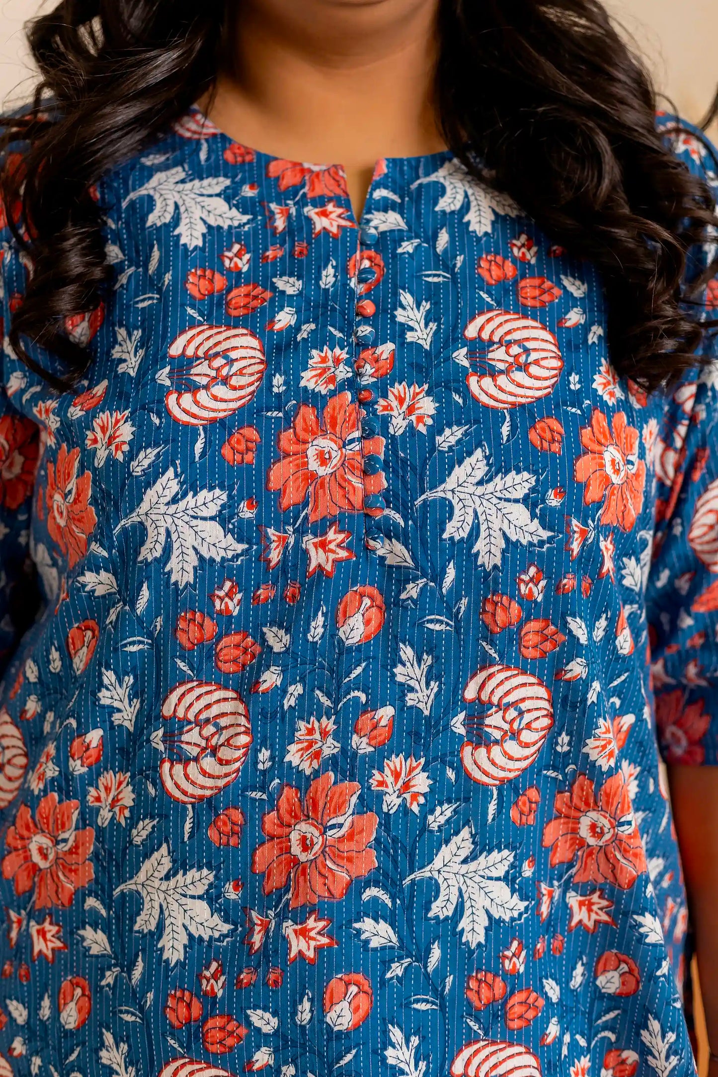 Blue Katha Printed Plus Short Kurti