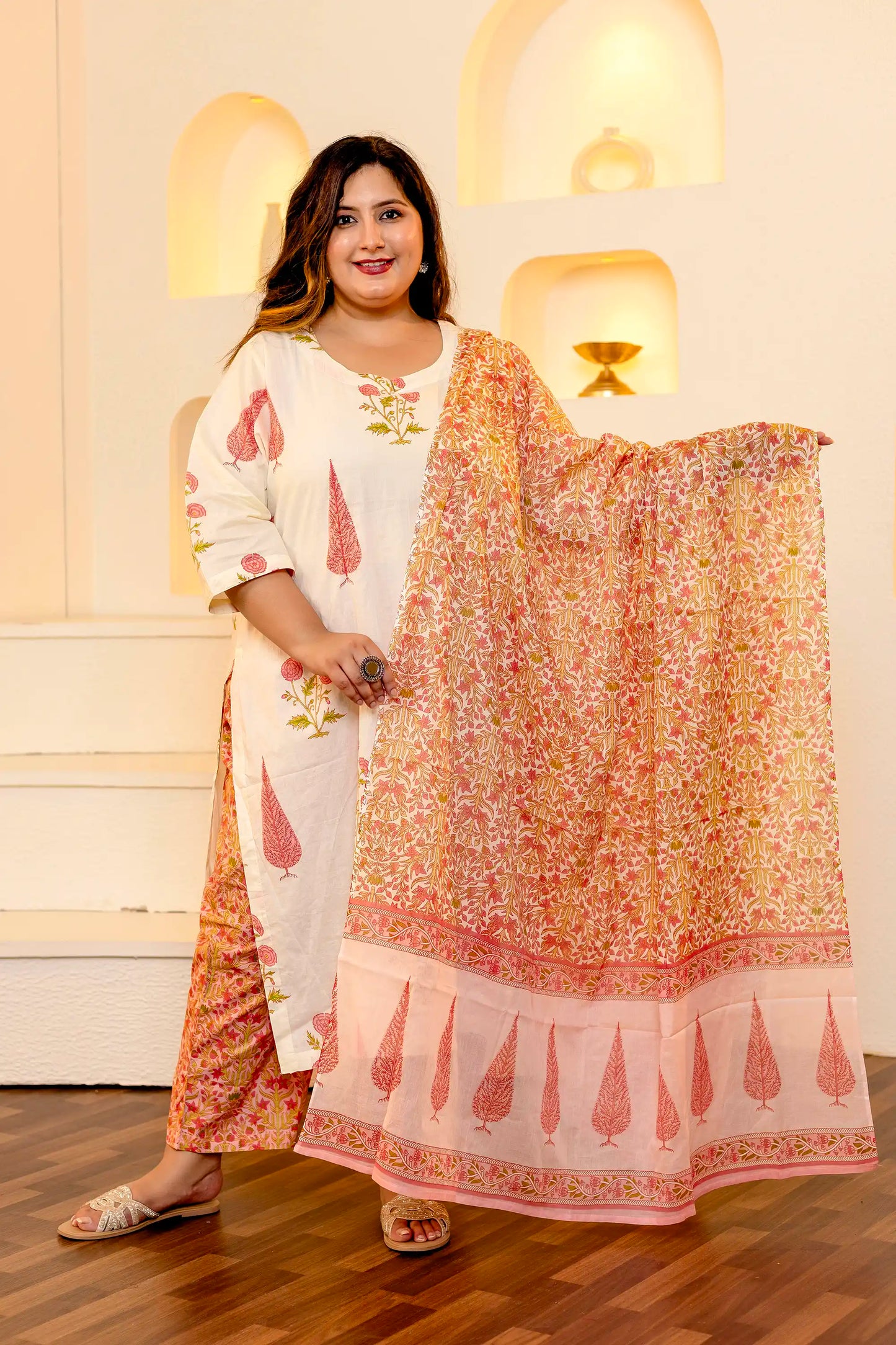 Pink Leaf Cotton Plus Size Suit Set