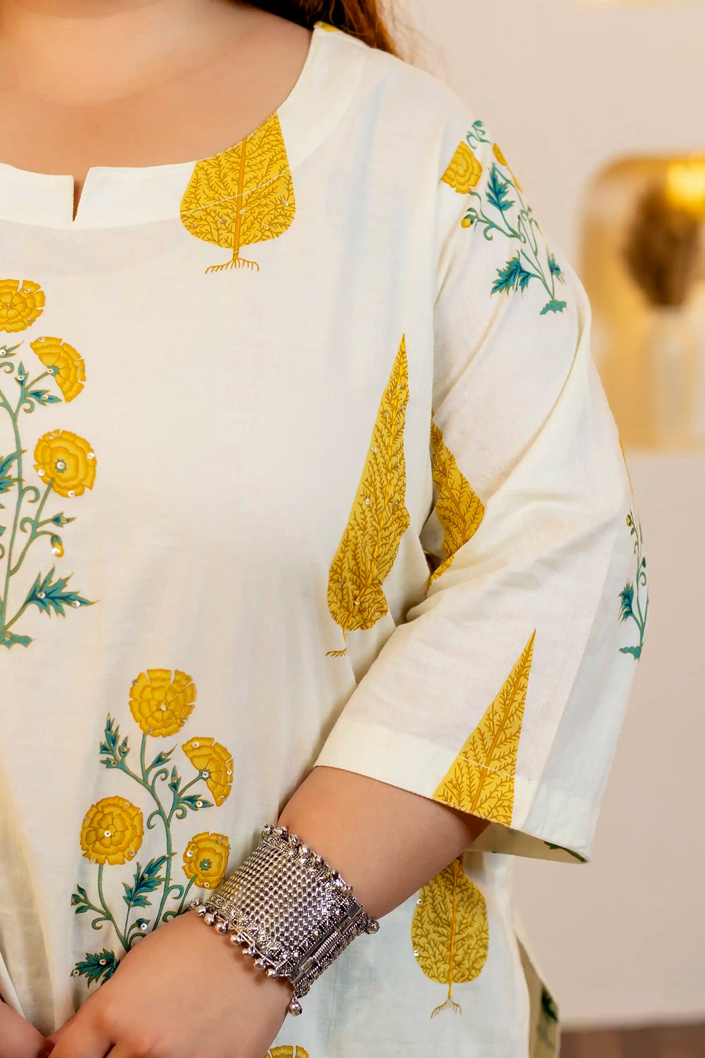 Yellow Leaf Cotton Plus Size Suit Set