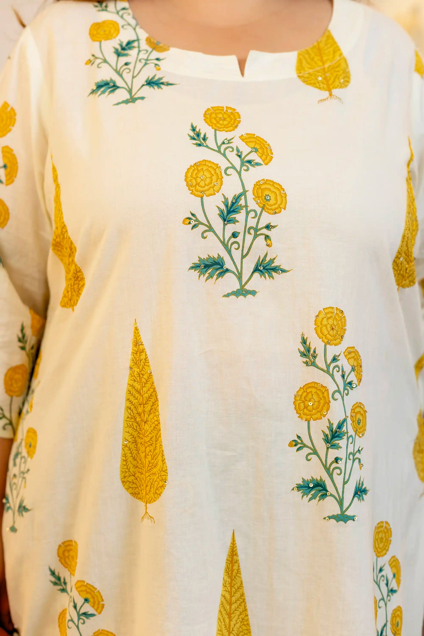Yellow Leaf Cotton Plus Size Suit Set