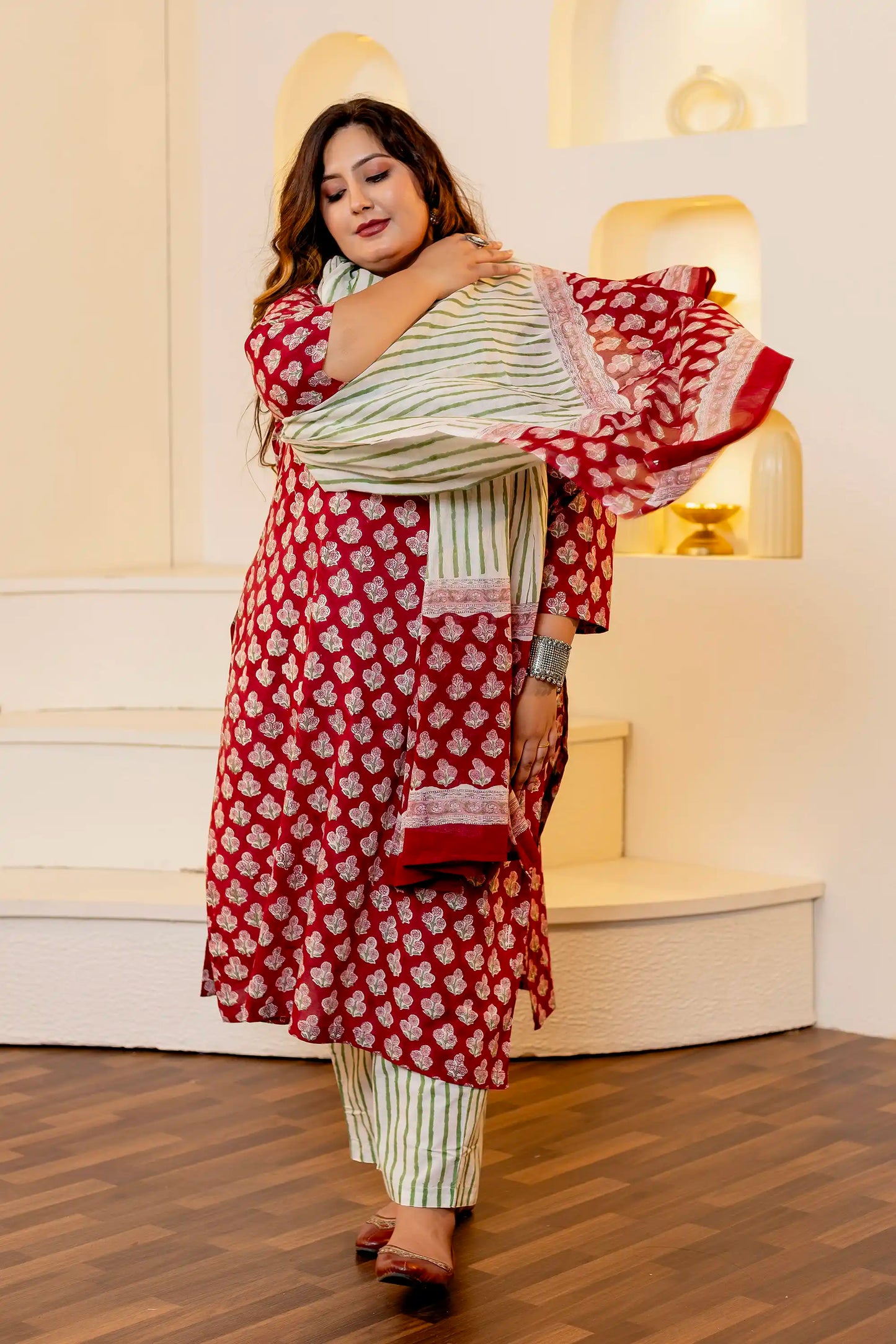 Maroon Handblock Plus Size Suit Set