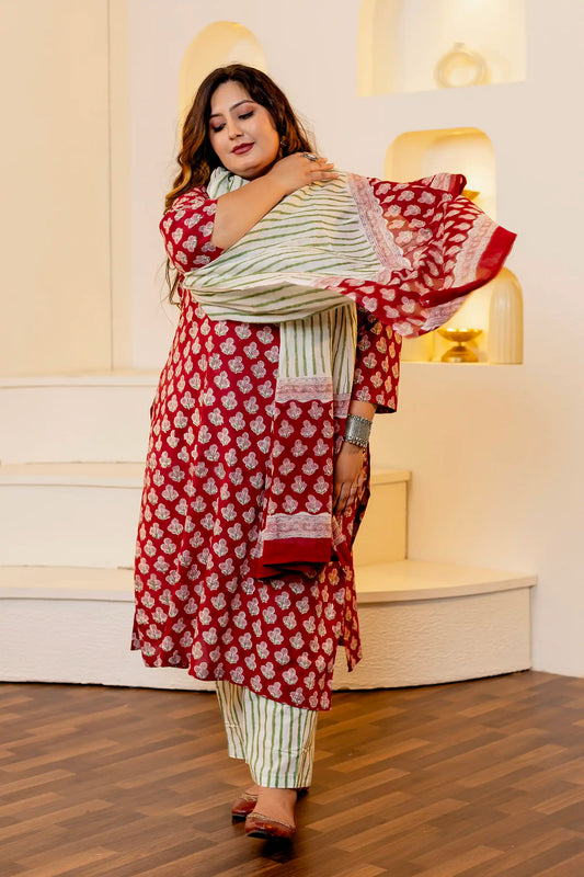 Maroon Handblock Plus Size Suit Set