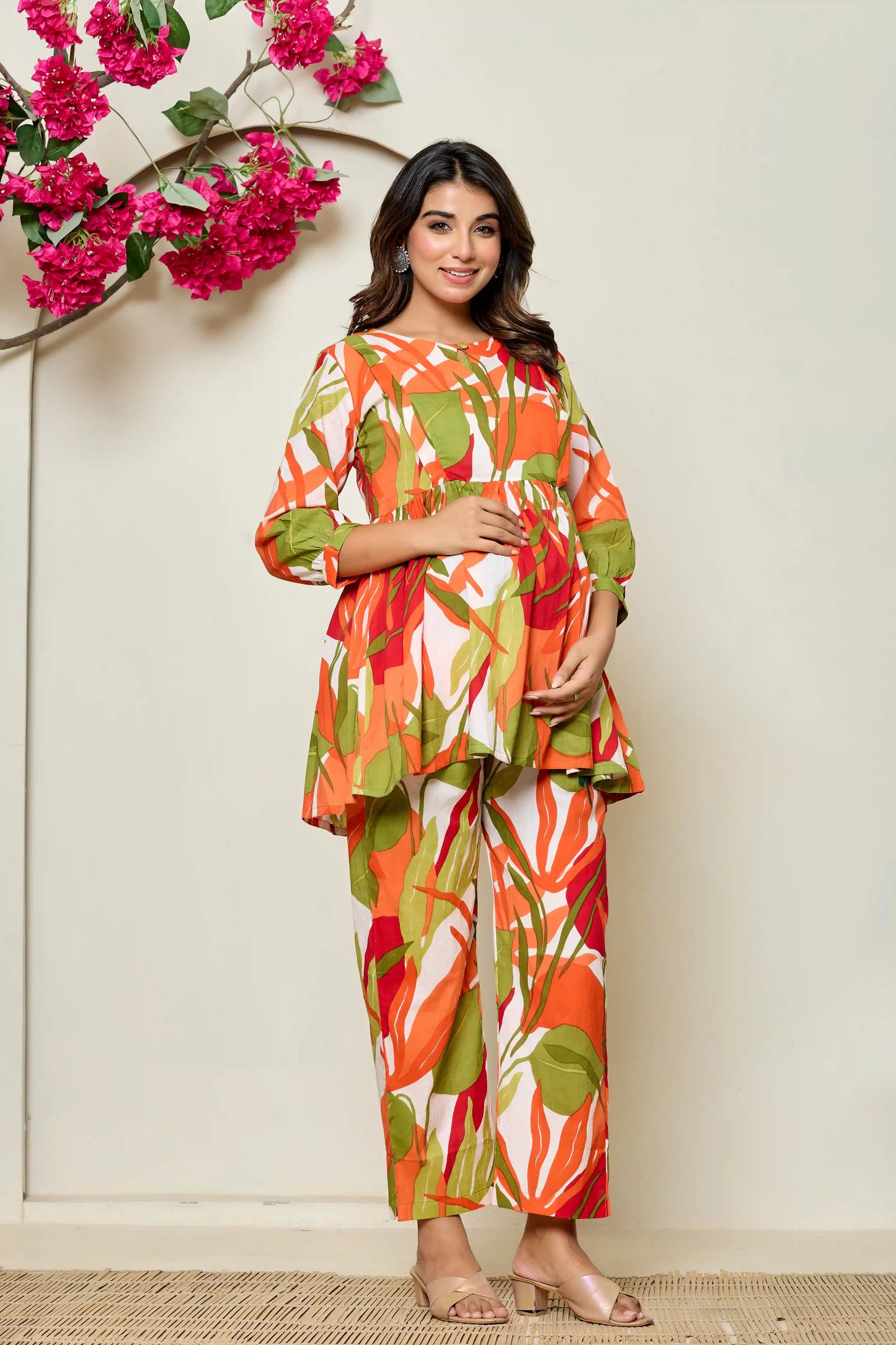 Cuchikoo by Laali Orange Green Abstract Maternity Co-ord