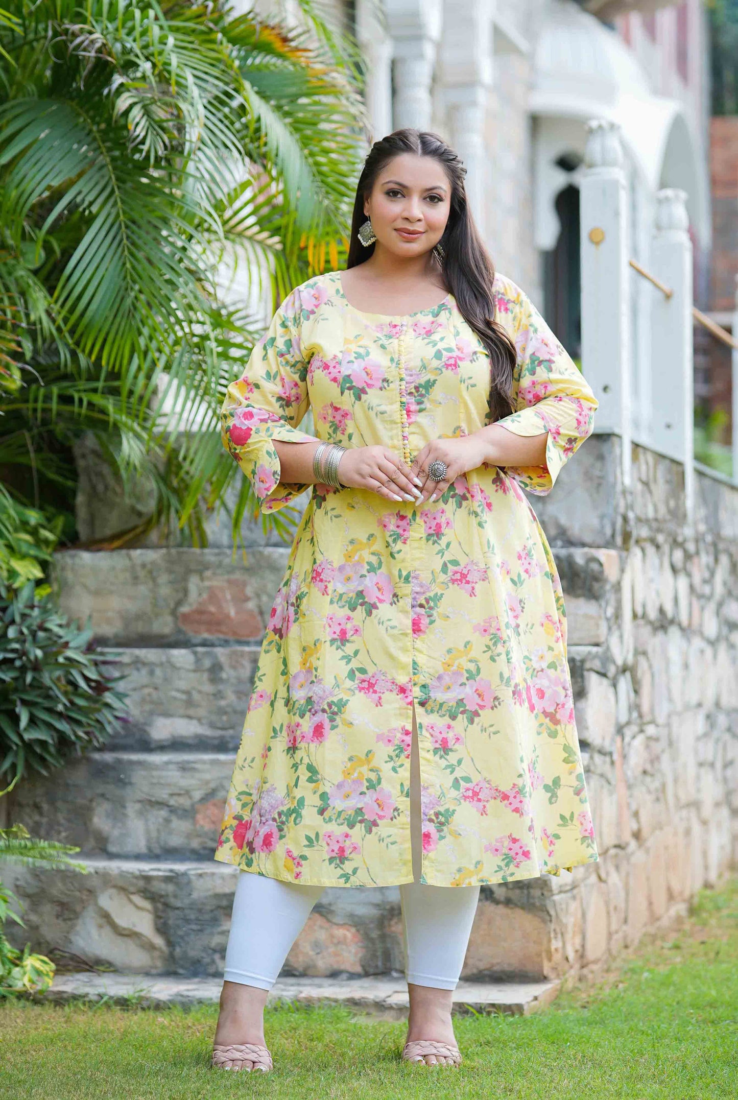 Lemon Yellow Floral Plus Size Cotton Kurti