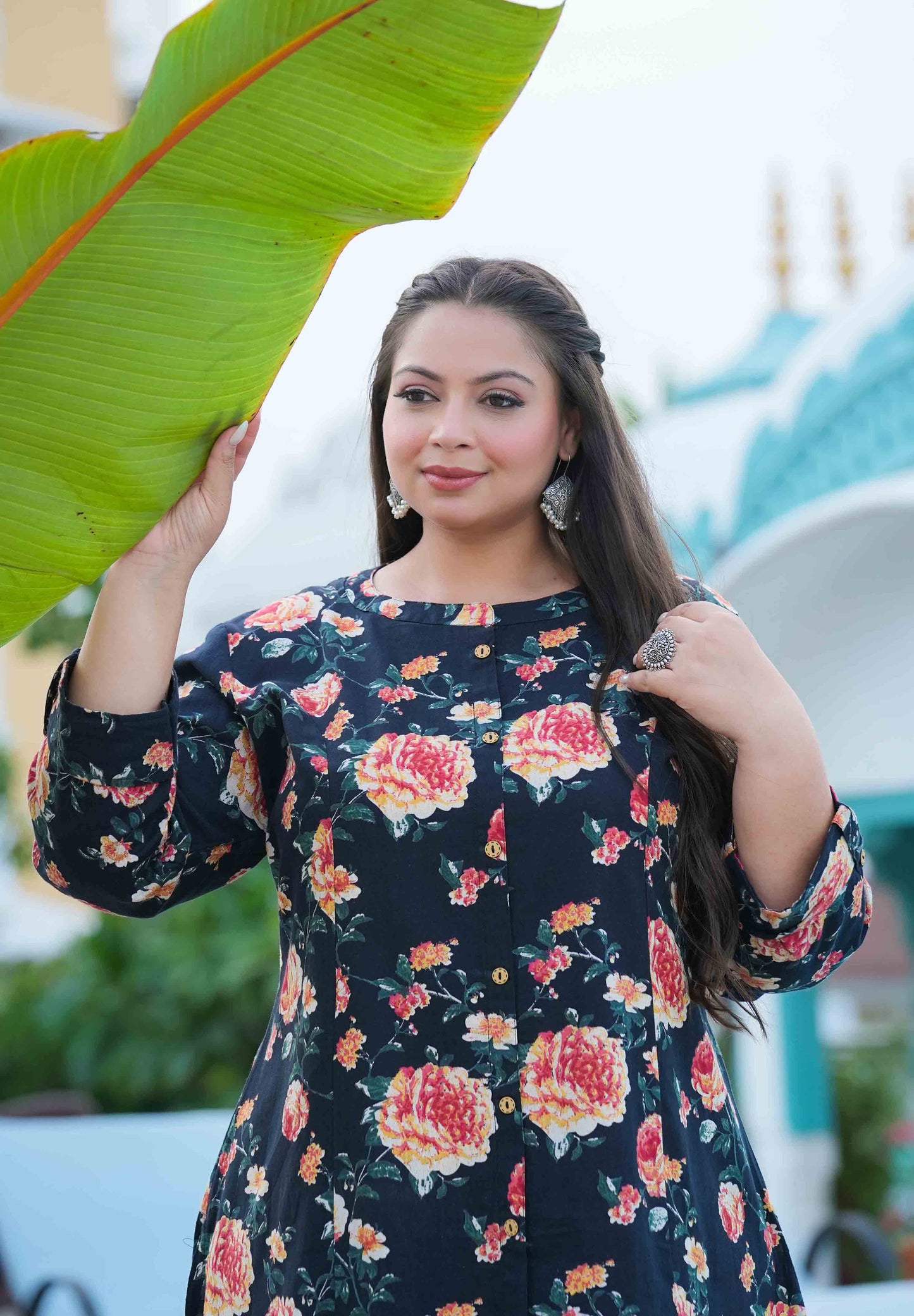 Black Floral Plus Size Cotton Flex Kurti