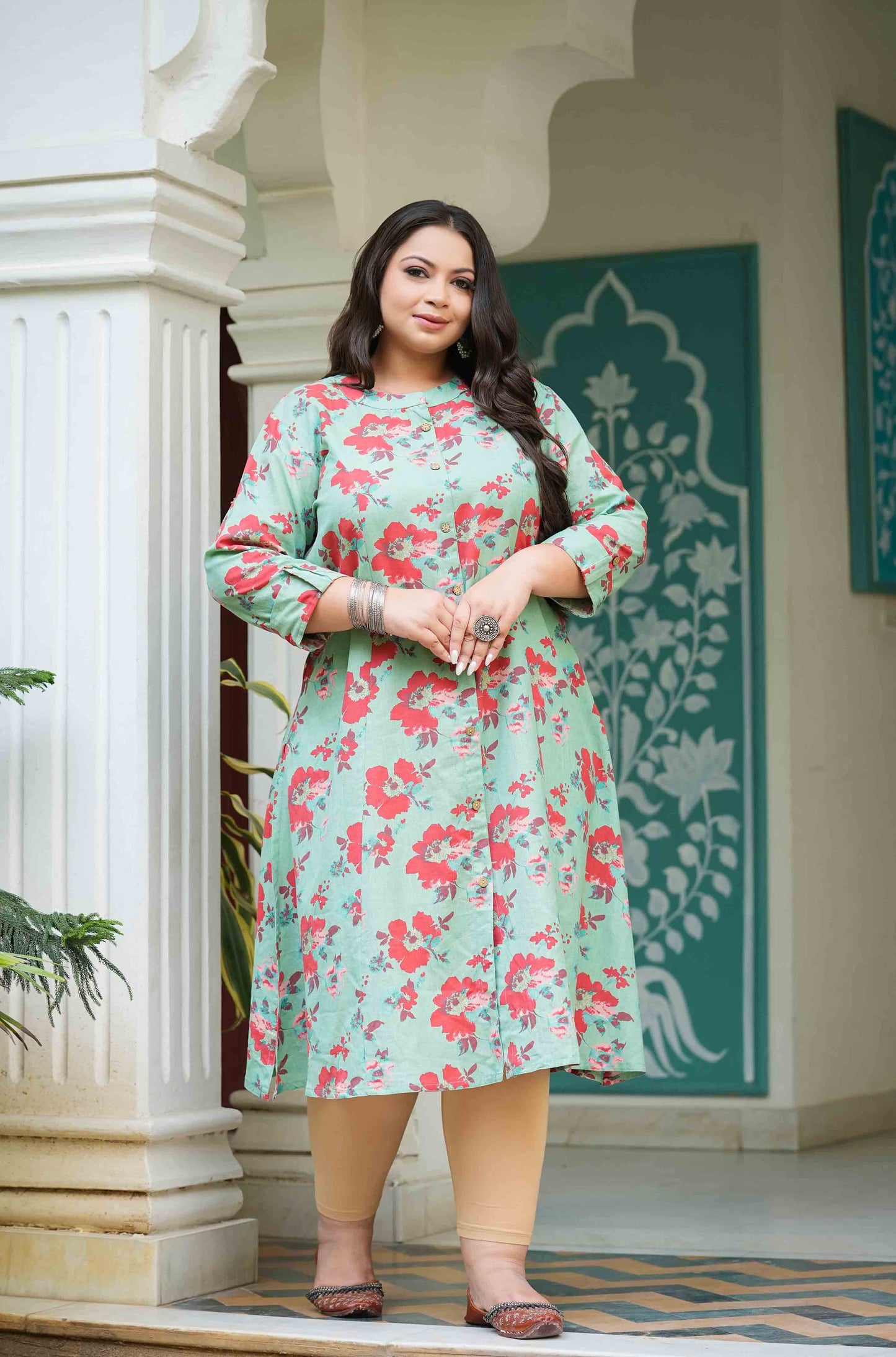 Minty Floral Plus Size Cotton flex Kurti