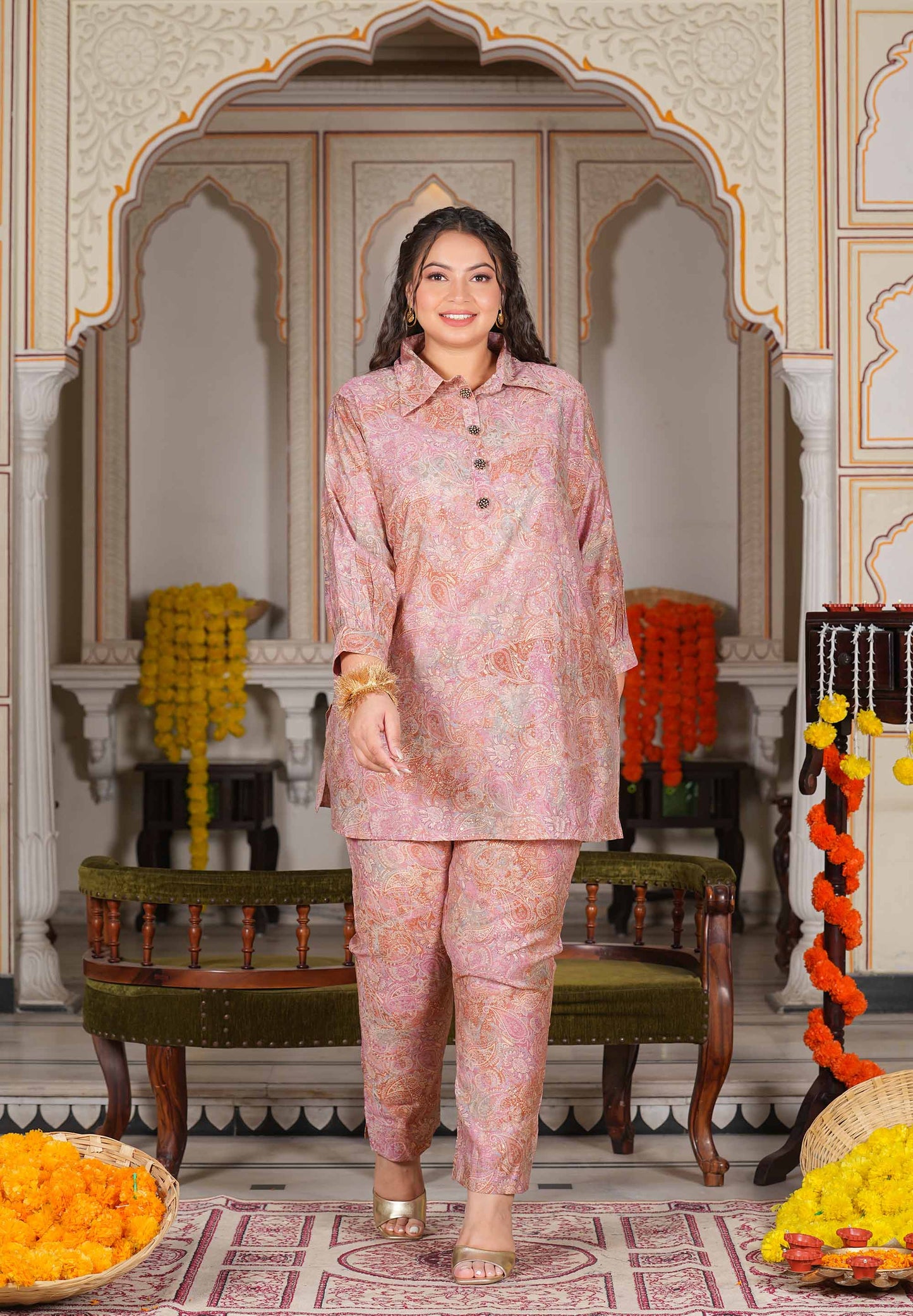 Pink Golden Printed Plus Co-ord