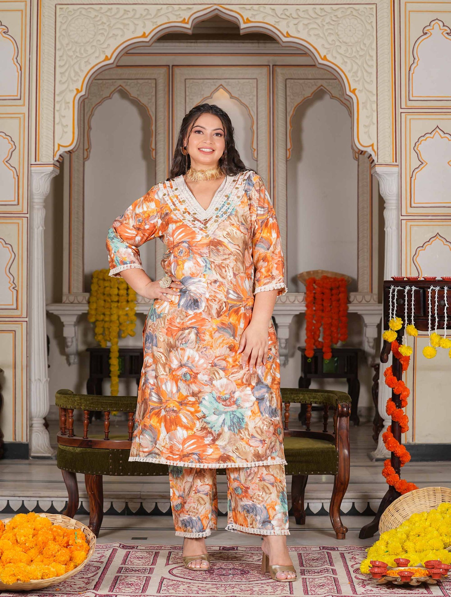 Printed Plus V-Neck Coin Co-ord