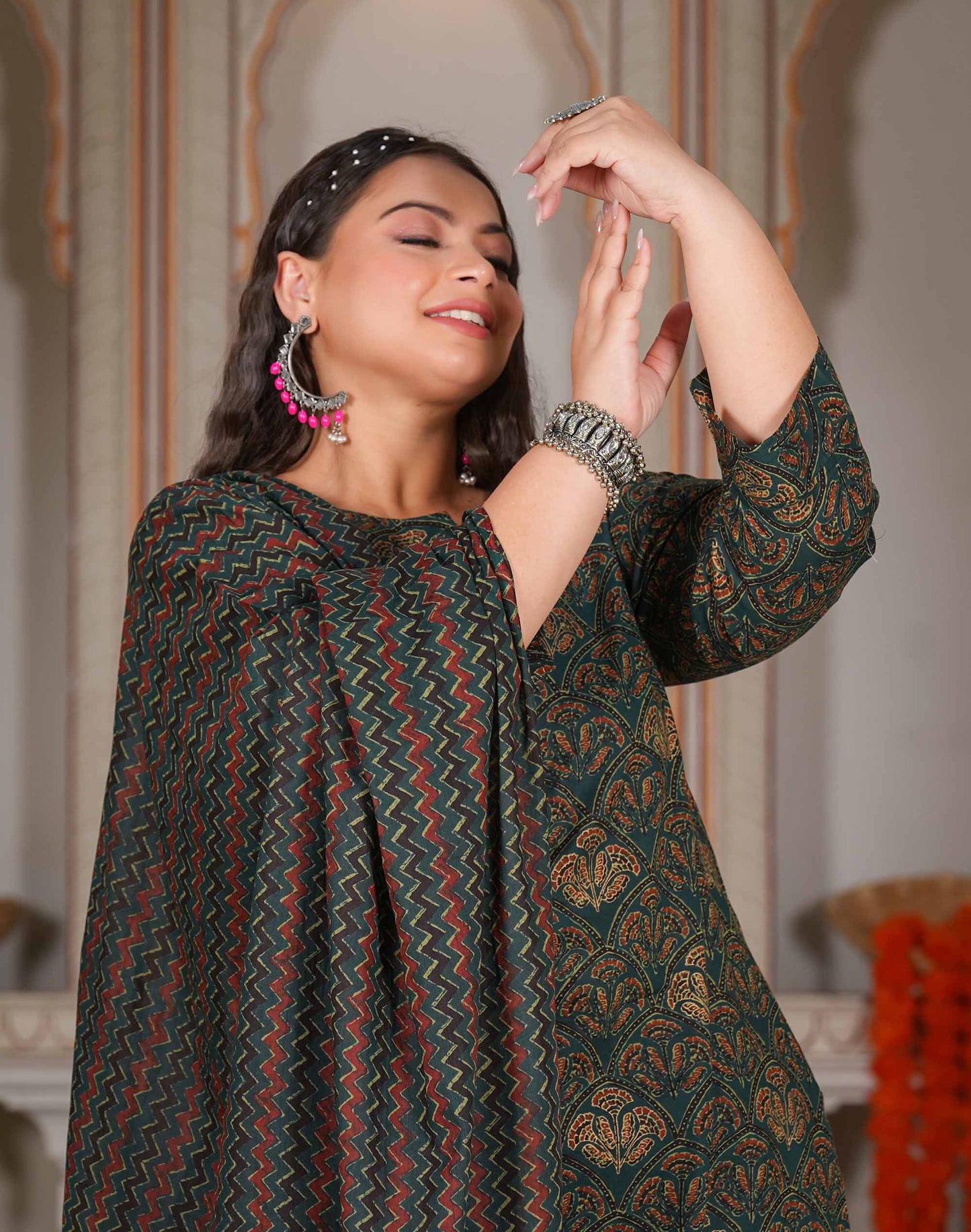 Dark Green Zig-Zag Plus Size Straight Suit Set